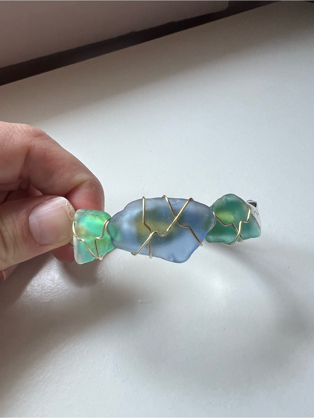 Blue and Green Sea Glass Wire-Wrapped Bracelet